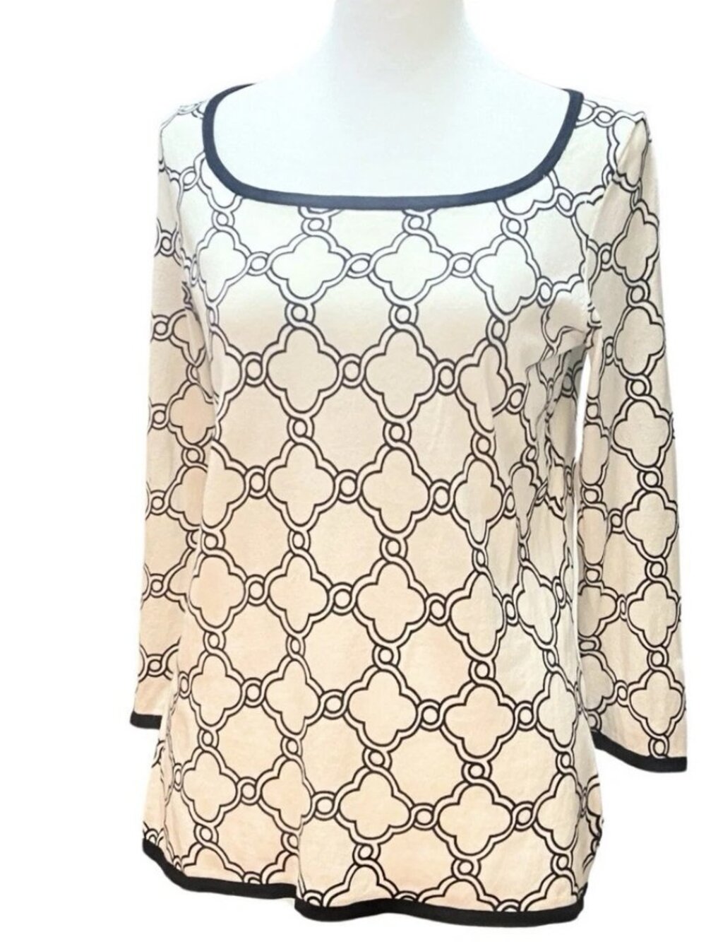 Ann Taylor Lightweight Knit Top Black & Cream 3/4 Sleeves Sz XS